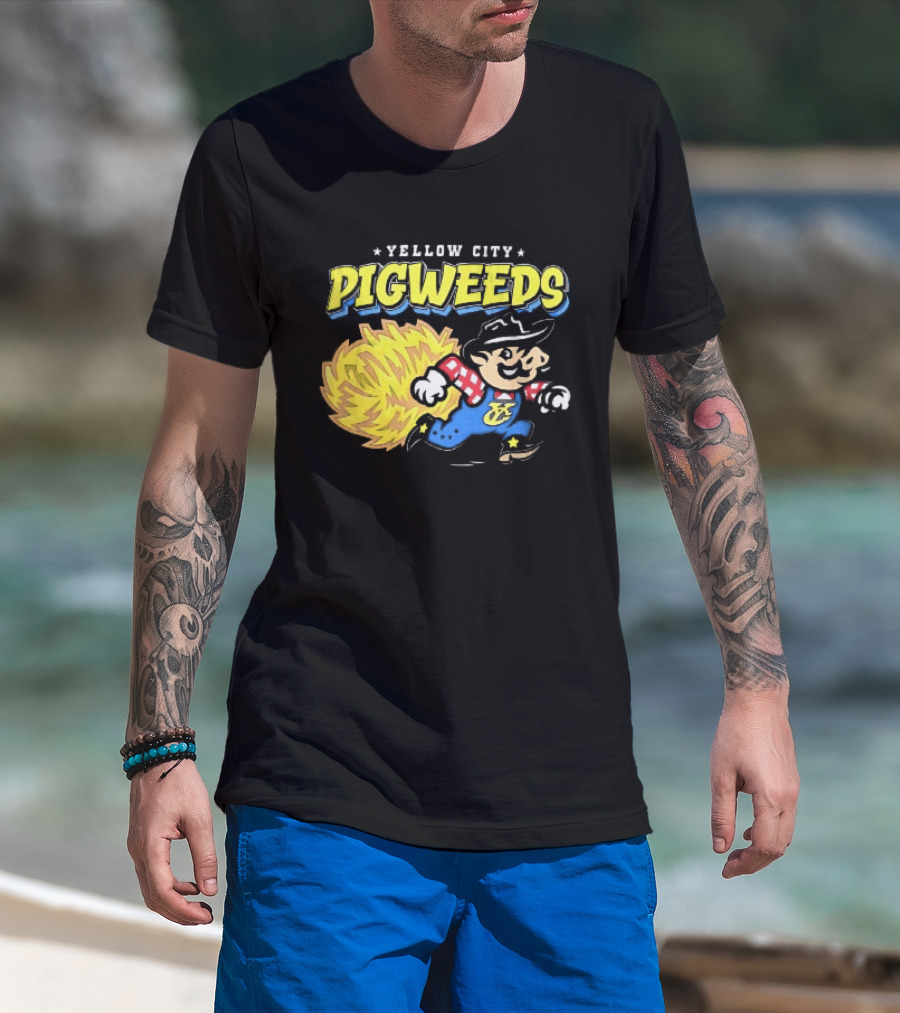 Yellow City Pigweeds Cartoon Cowboy Overalls Tumbleweed Running T-Shirt
