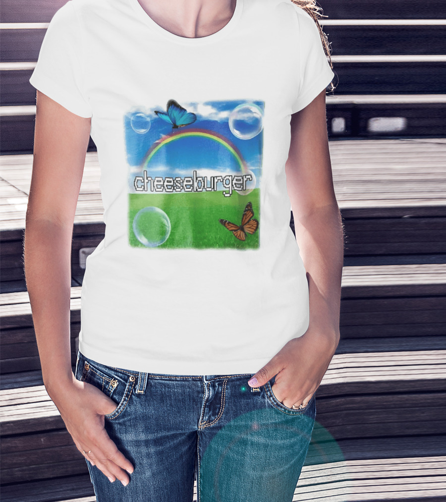 Cheeseburger Pixel Text Rainbow Butterflies Floating Bubbles T-Shirt