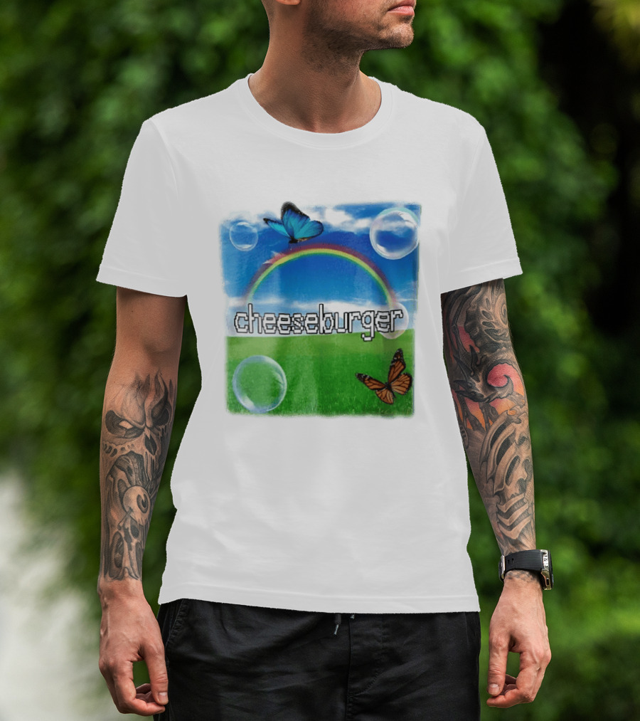 Cheeseburger Pixel Text Rainbow Butterflies Floating Bubbles T-Shirt