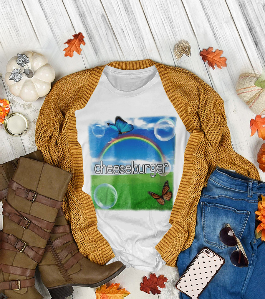 Cheeseburger Pixel Text Rainbow Butterflies Floating Bubbles T-Shirt