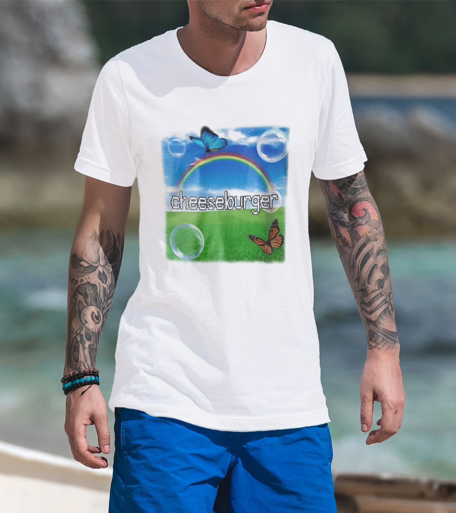 Cheeseburger Pixel Text Rainbow Butterflies Floating Bubbles T-Shirt
