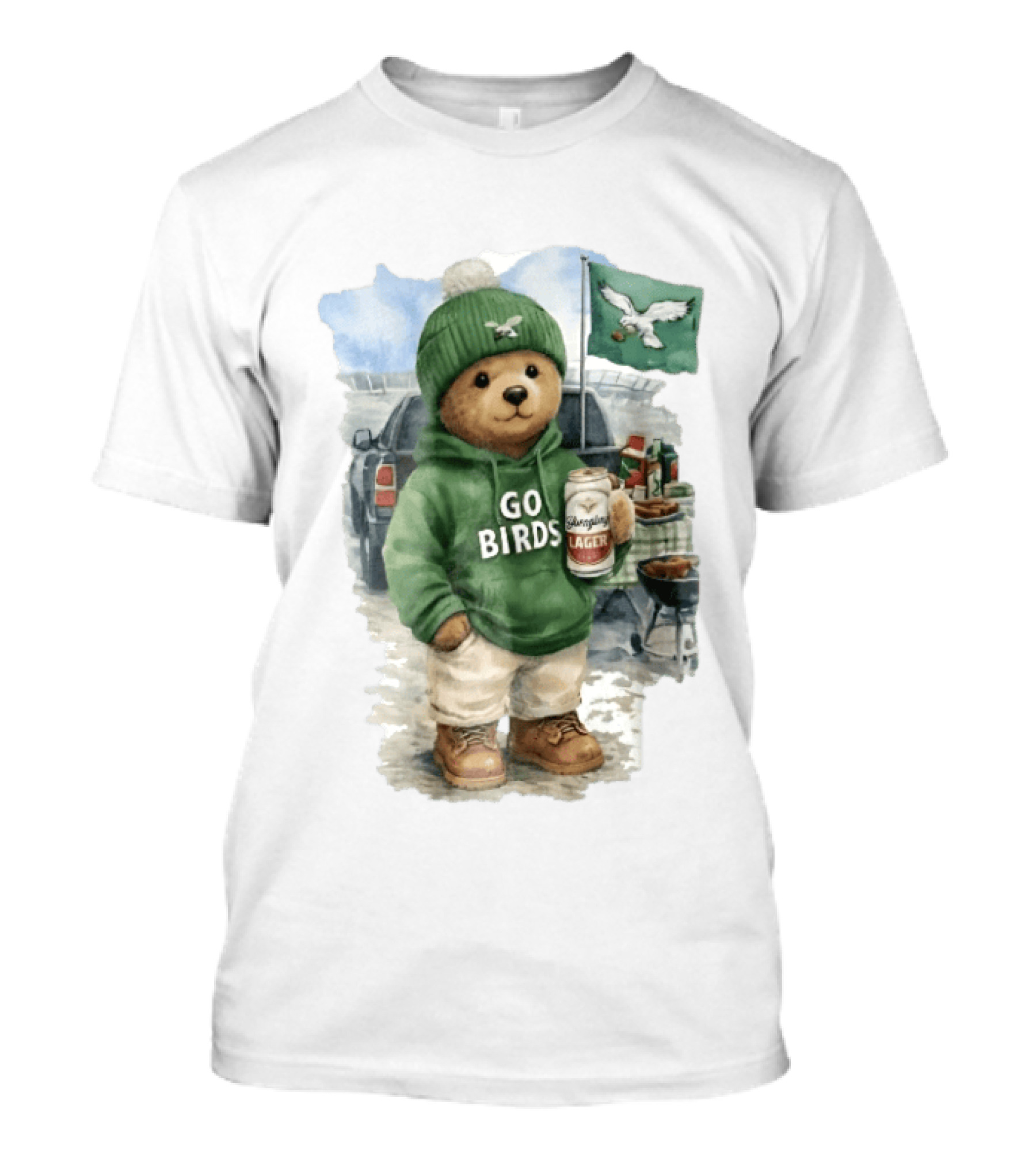 Philadelphia Eagles Go Birds Yuengling Lager Tailgate Teddy Bear Watercolor Truck Scene T-Shirt