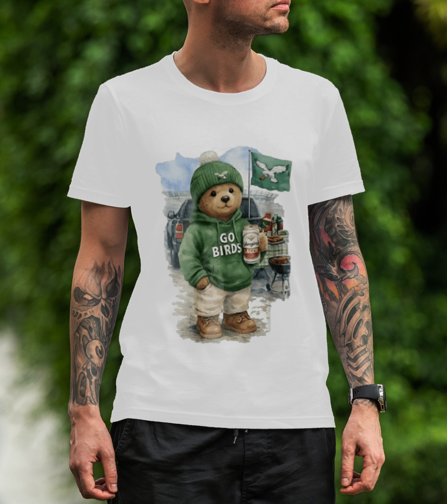 Philadelphia Eagles Go Birds Yuengling Lager Tailgate Teddy Bear Watercolor Truck Scene T-Shirt