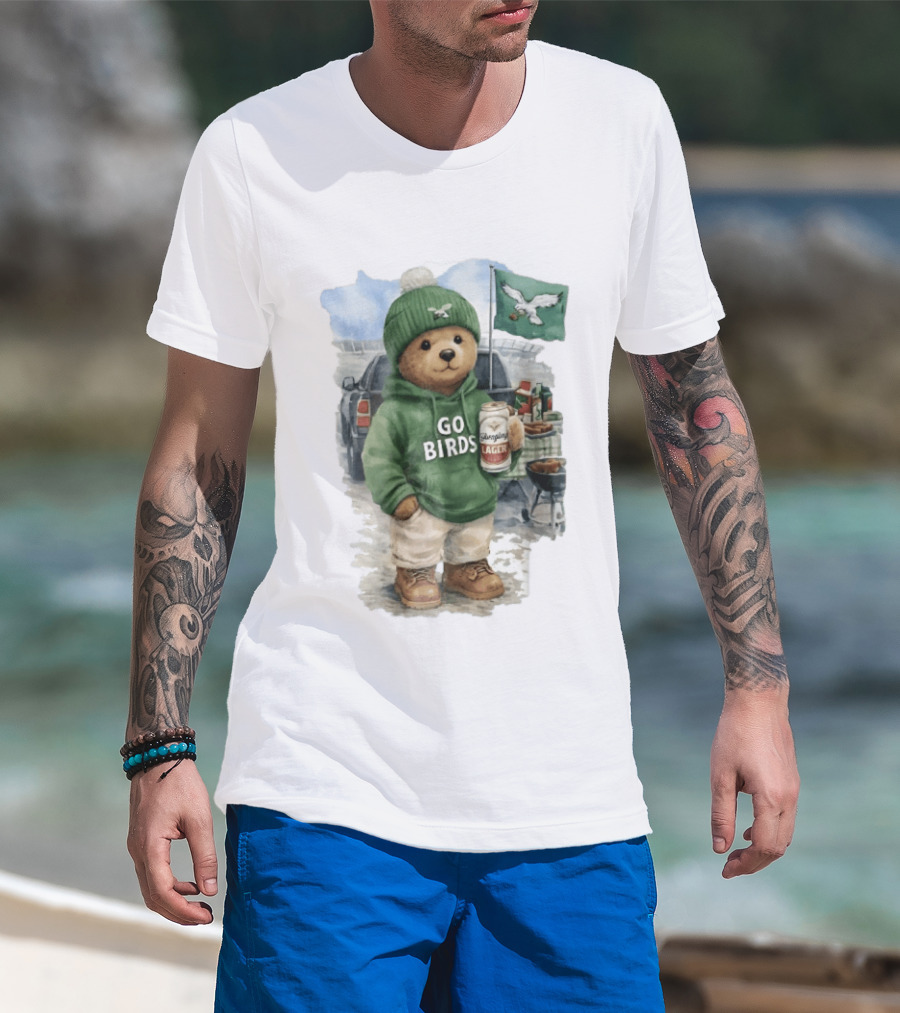 Philadelphia Eagles Go Birds Yuengling Lager Tailgate Teddy Bear Watercolor Truck Scene T-Shirt