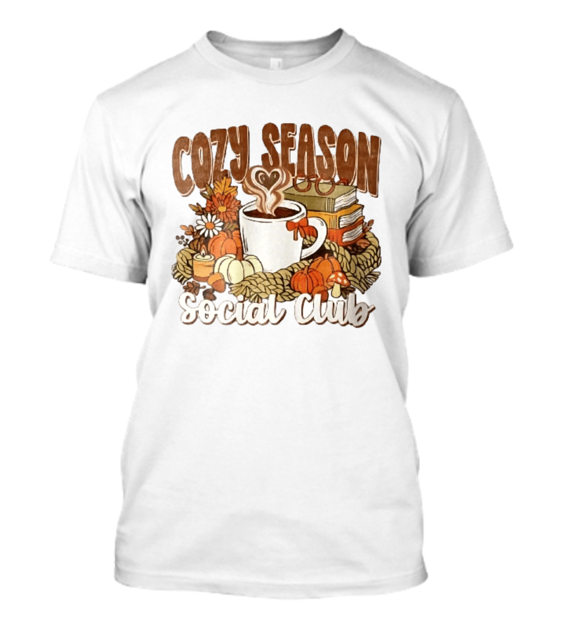 Cozy Season Social Club Coffee Books Pumpkins Knitted Blanket Autumn Vibes T-Shirt
