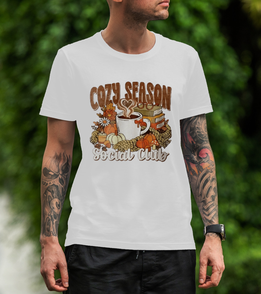 Cozy Season Social Club Coffee Books Pumpkins Knitted Blanket Autumn Vibes T-Shirt