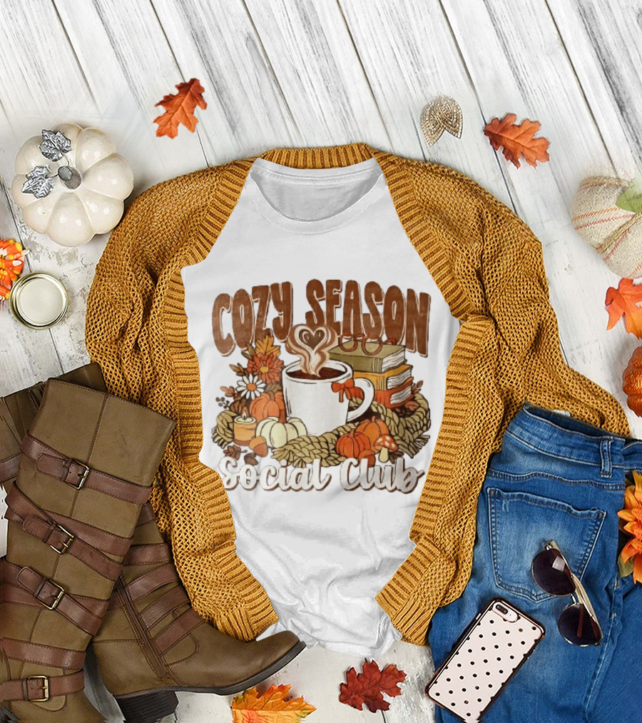 Cozy Season Social Club Coffee Books Pumpkins Knitted Blanket Autumn Vibes T-Shirt
