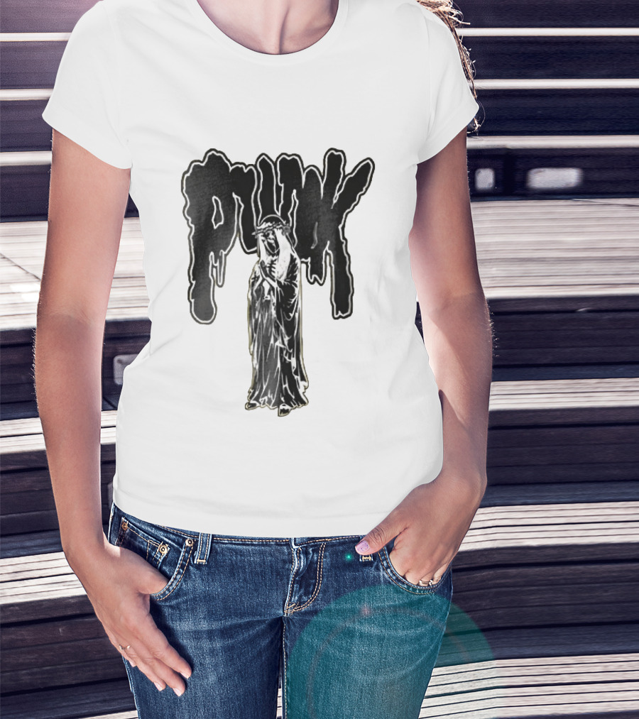 Punk Dripping Hooded Skeleton Praying Crown Of Thorns T-Shirt