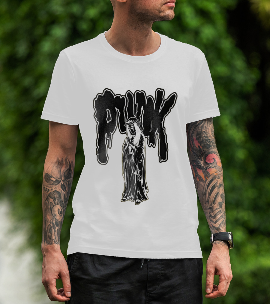 Punk Dripping Hooded Skeleton Praying Crown Of Thorns T-Shirt