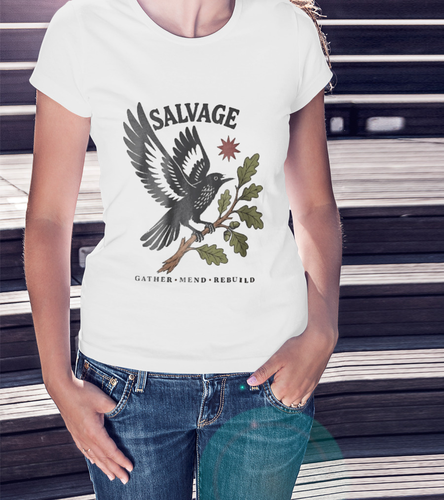 Salvage Gather Mend Rebuild Bird On Oak Branch With Acorns T-Shirt