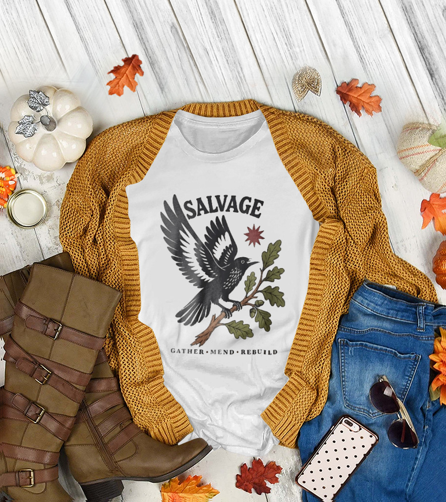 Salvage Gather Mend Rebuild Bird On Oak Branch With Acorns T-Shirt