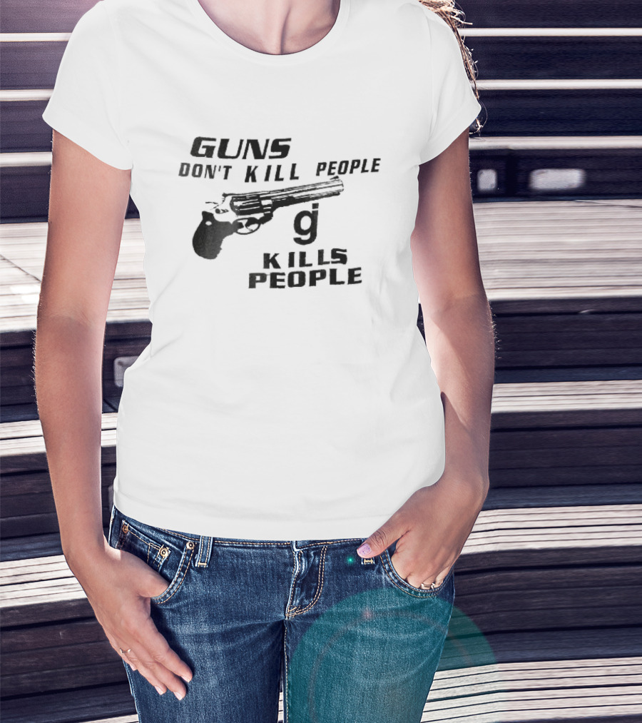 Guns Don't Kill People GJ Kills Revolver Handgun Black White Line T-Shirt