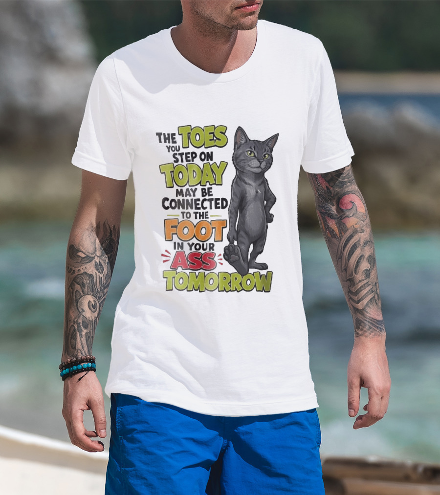 The Toes You Step On Today May Be Connected To The Foot In Your Ass Tomorrow Cartoon Grey Cat Paw T-Shirt