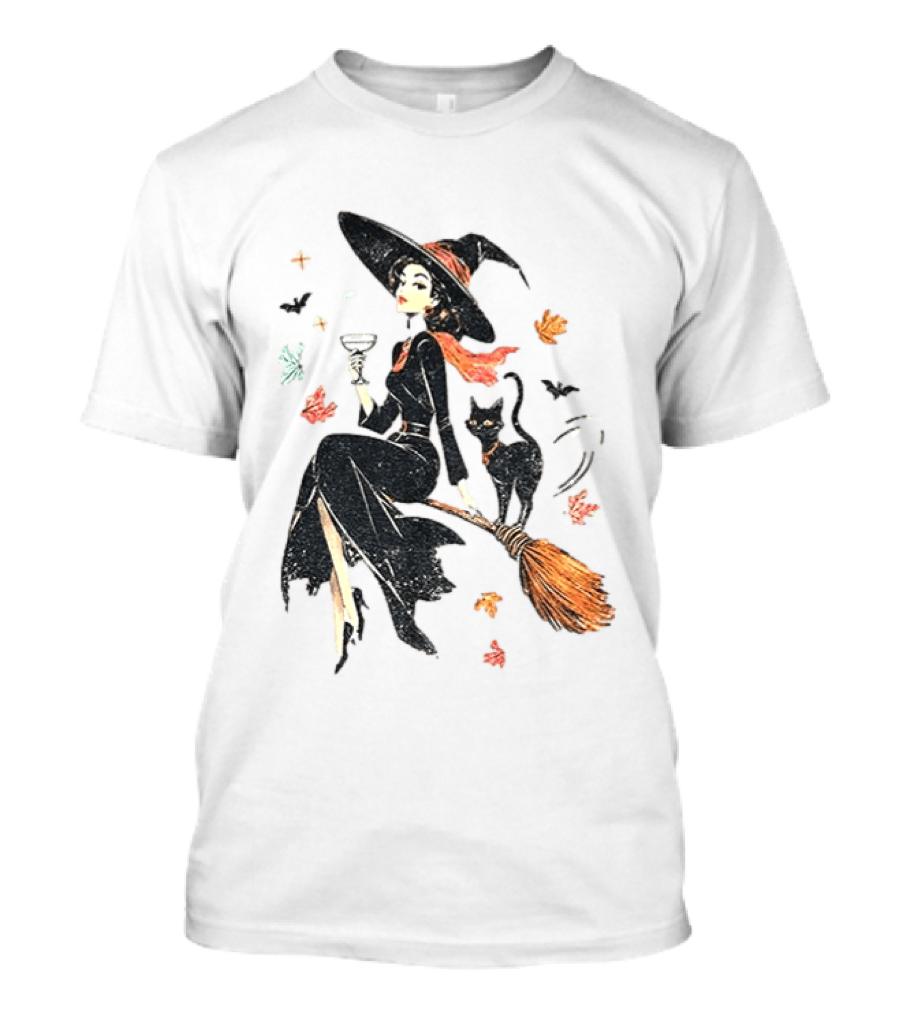 Witch Cat Ringer Spooky Fall Pumpkin Halloween Vintage Witch And Black Cat On Broomstick With Coffee Cup And Autumn Leaves T-Shirt