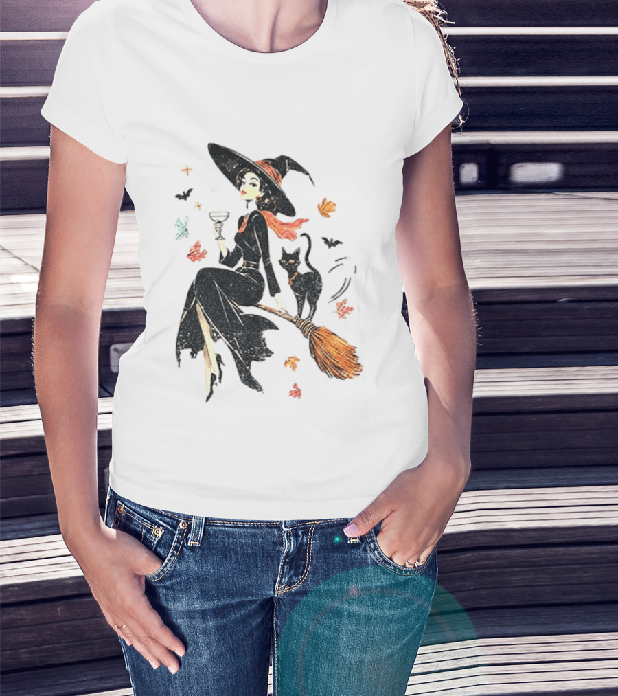 Witch Cat Ringer Spooky Fall Pumpkin Halloween Vintage Witch And Black Cat On Broomstick With Coffee Cup And Autumn Leaves T-Shirt
