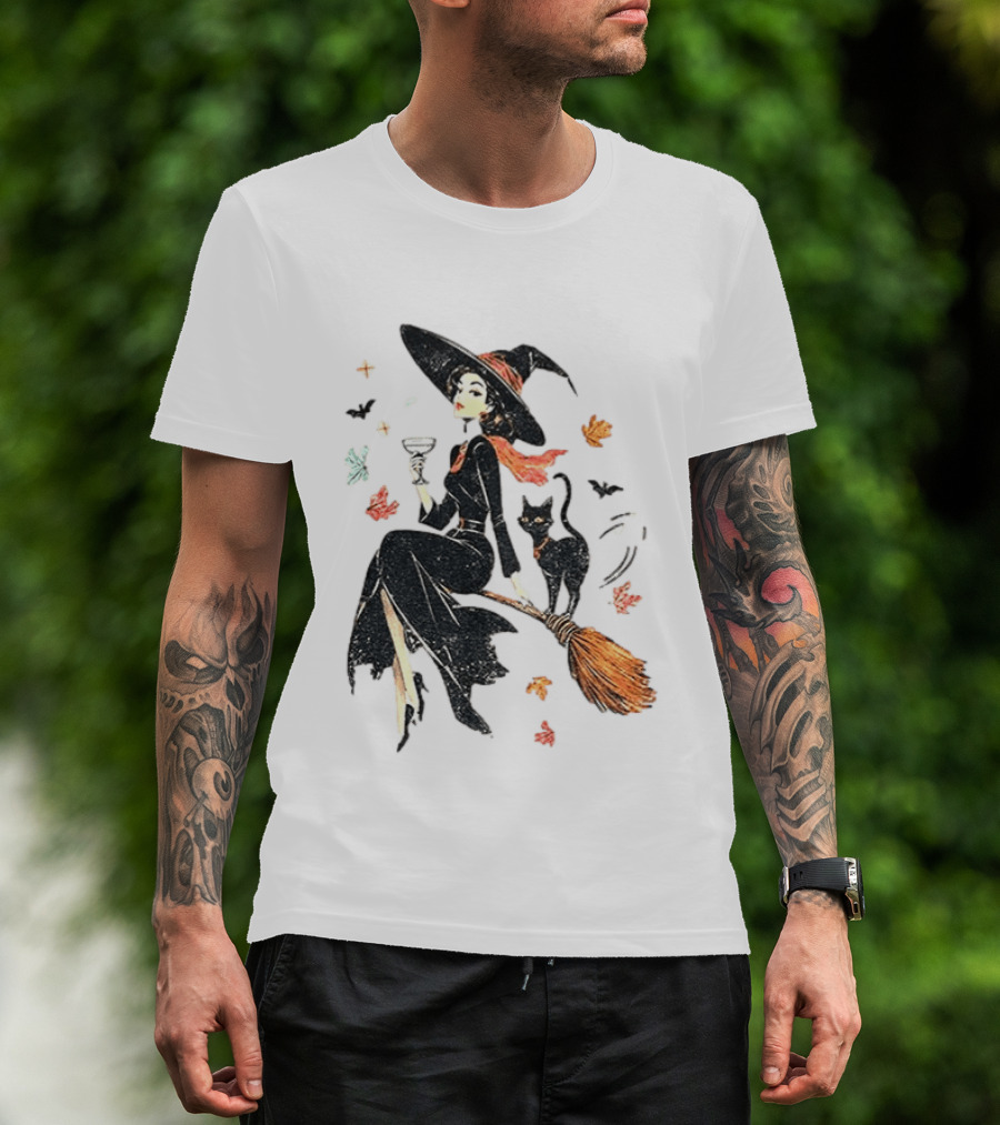 Witch Cat Ringer Spooky Fall Pumpkin Halloween Vintage Witch And Black Cat On Broomstick With Coffee Cup And Autumn Leaves T-Shirt