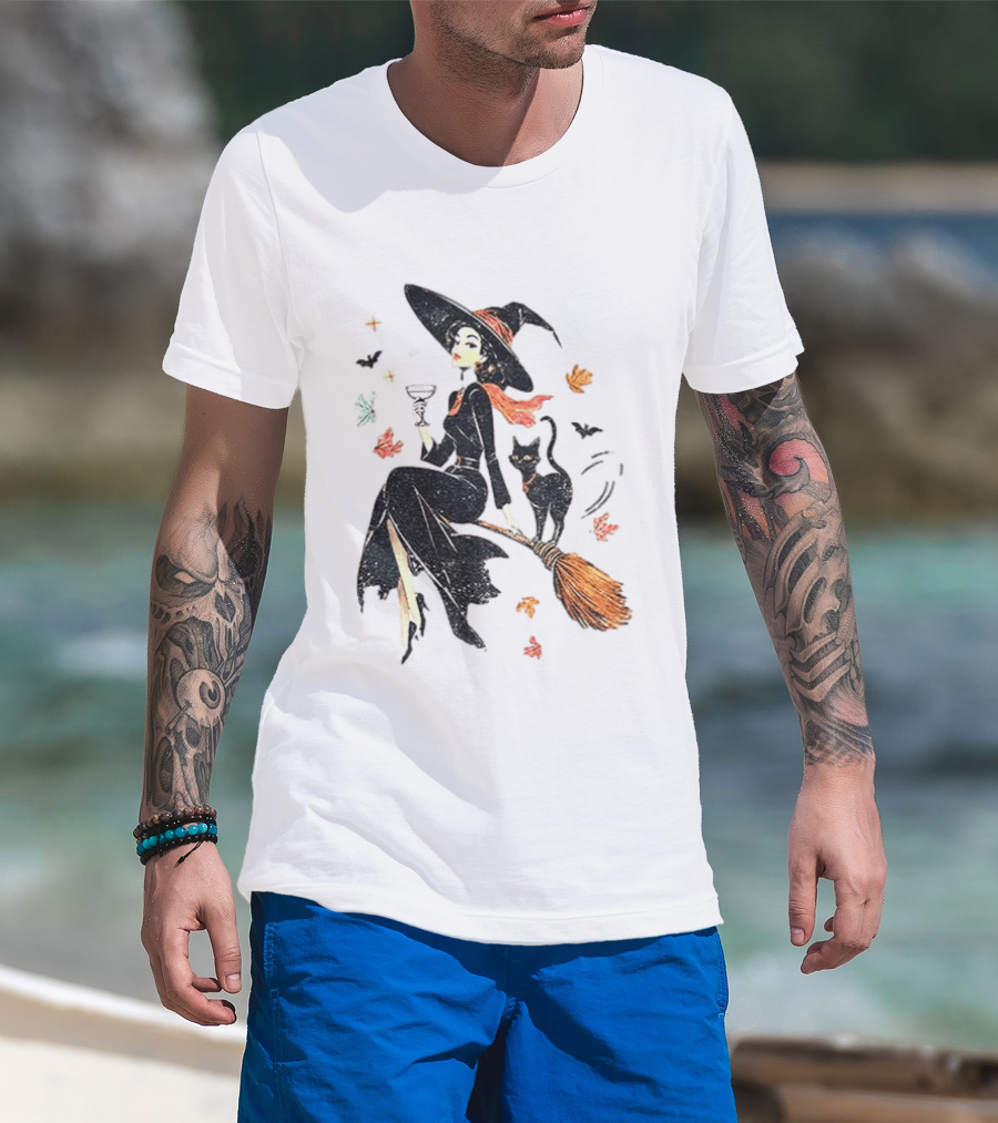 Witch Cat Ringer Spooky Fall Pumpkin Halloween Vintage Witch And Black Cat On Broomstick With Coffee Cup And Autumn Leaves T-Shirt