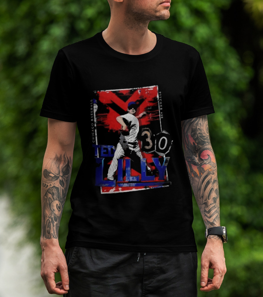 Chicago Baseball MLB Pitcher Ted Lilly 30 Distressed Red Black Collage Throwing Photo T-Shirt