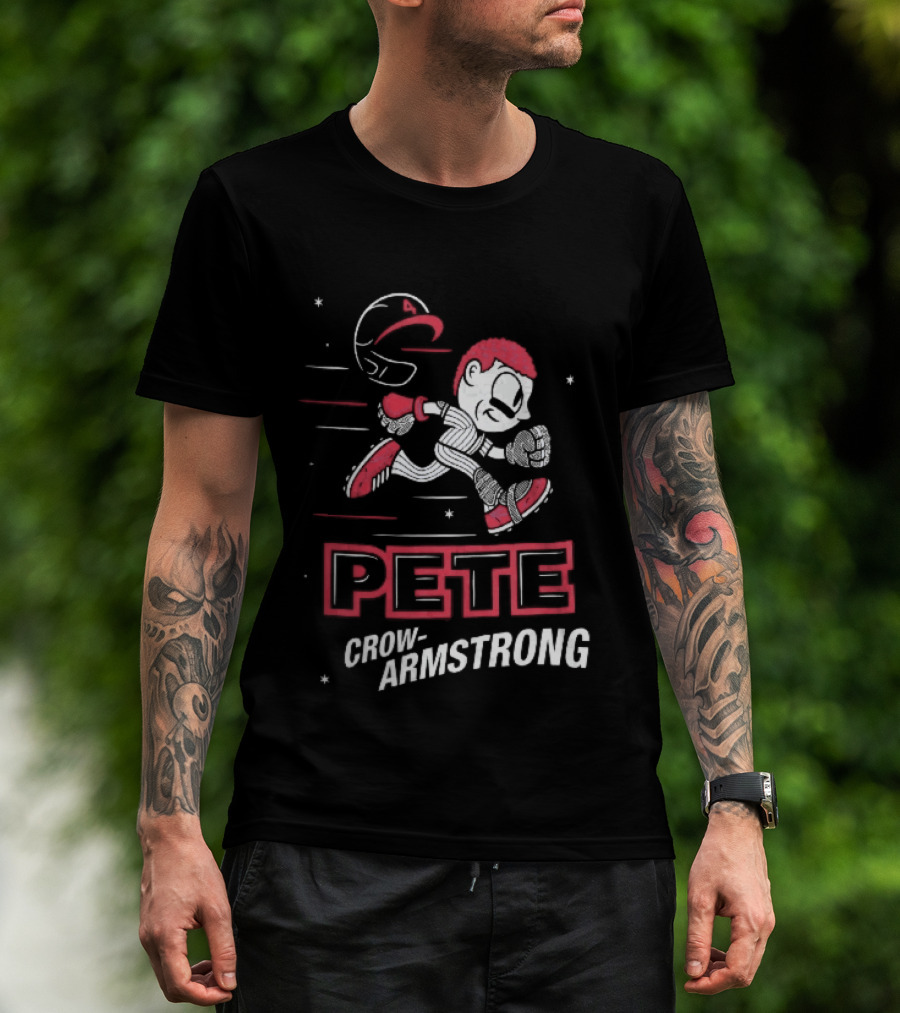 Chicago Cubs MLB Pete Crow Armstrong Cartoon Caricature Running Baseball Player Flying Helmet Stars T-Shirt