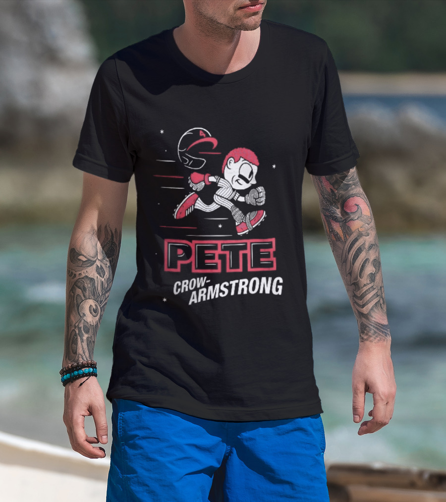 Chicago Cubs MLB Pete Crow Armstrong Cartoon Caricature Running Baseball Player Flying Helmet Stars T-Shirt