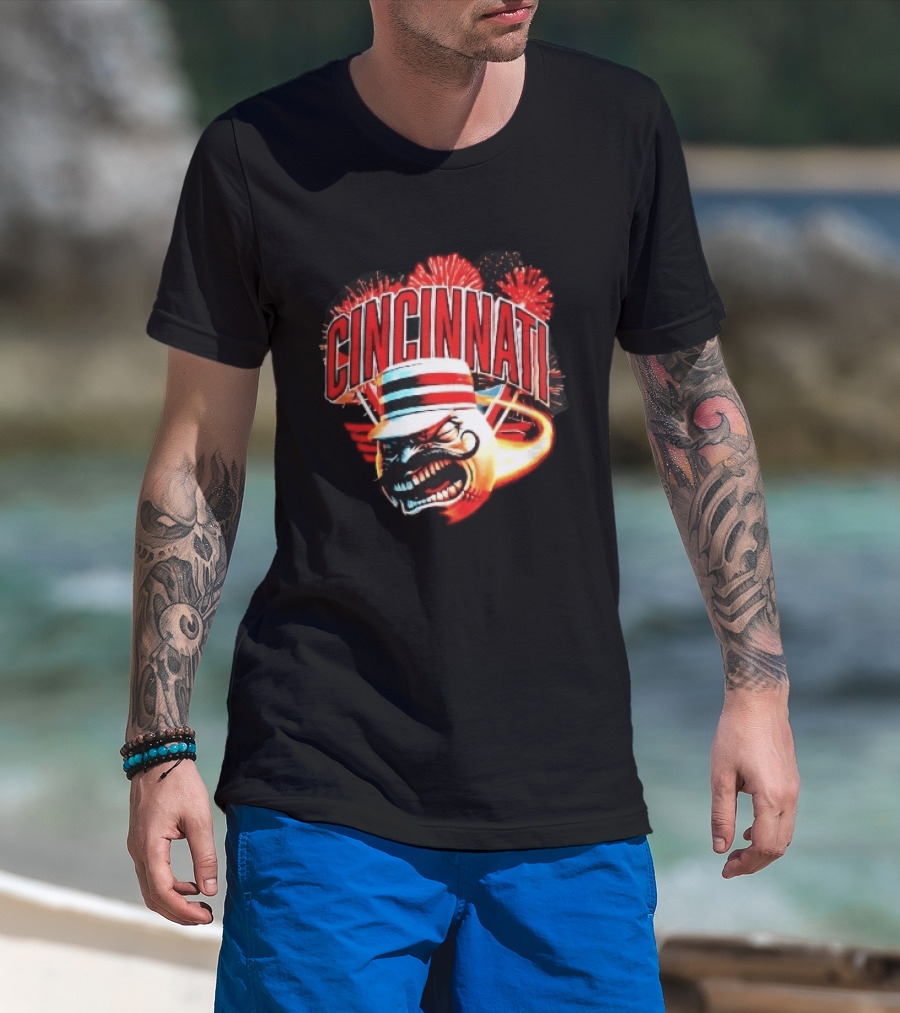 Cincinnati Reds Angry Pillbox Hat Fireball Fireworks MLB T-Shirt