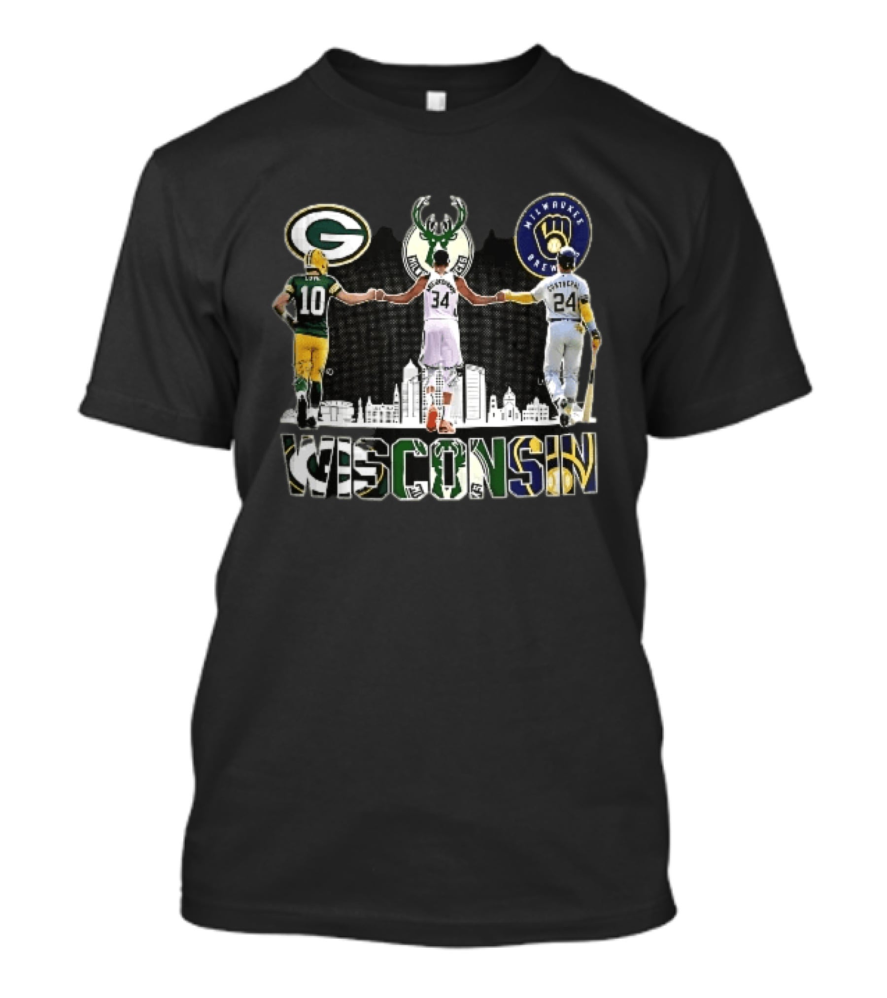 Green Bay Packers Milwaukee Bucks Brewers Wisconsin Antetokounmpo Contreras Love Skyline T-Shirt