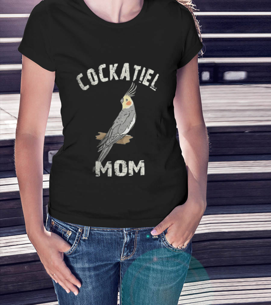 Cockatiel Mom Distressed Grey Bird Illustration Perched On Branch T-Shirt