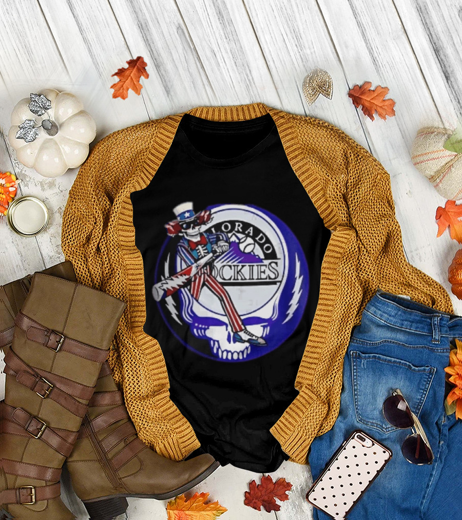 Colorado Rockies Grateful Dead Uncle Sam Skeleton Batting Lightning Stealie Skull T-Shirt
