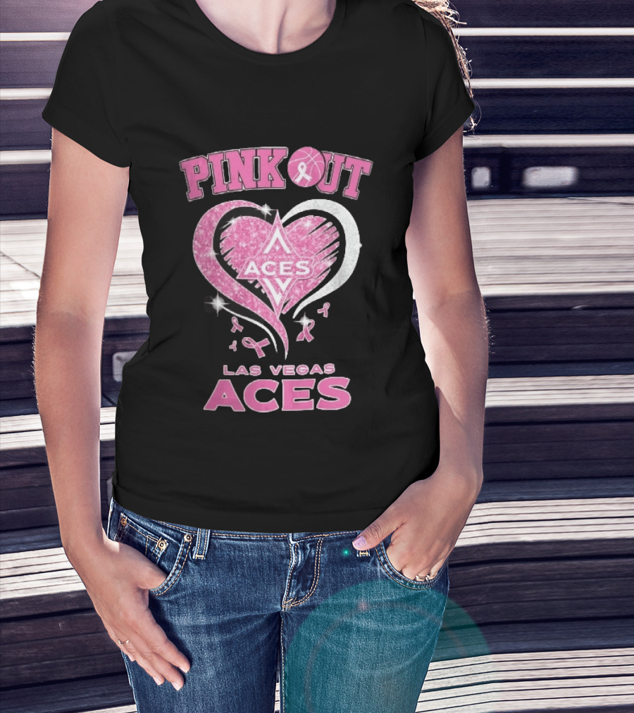 Las Vegas Aces Pink Out Glitter Heart Breast Cancer Awareness Ribbons WNBA T-Shirt