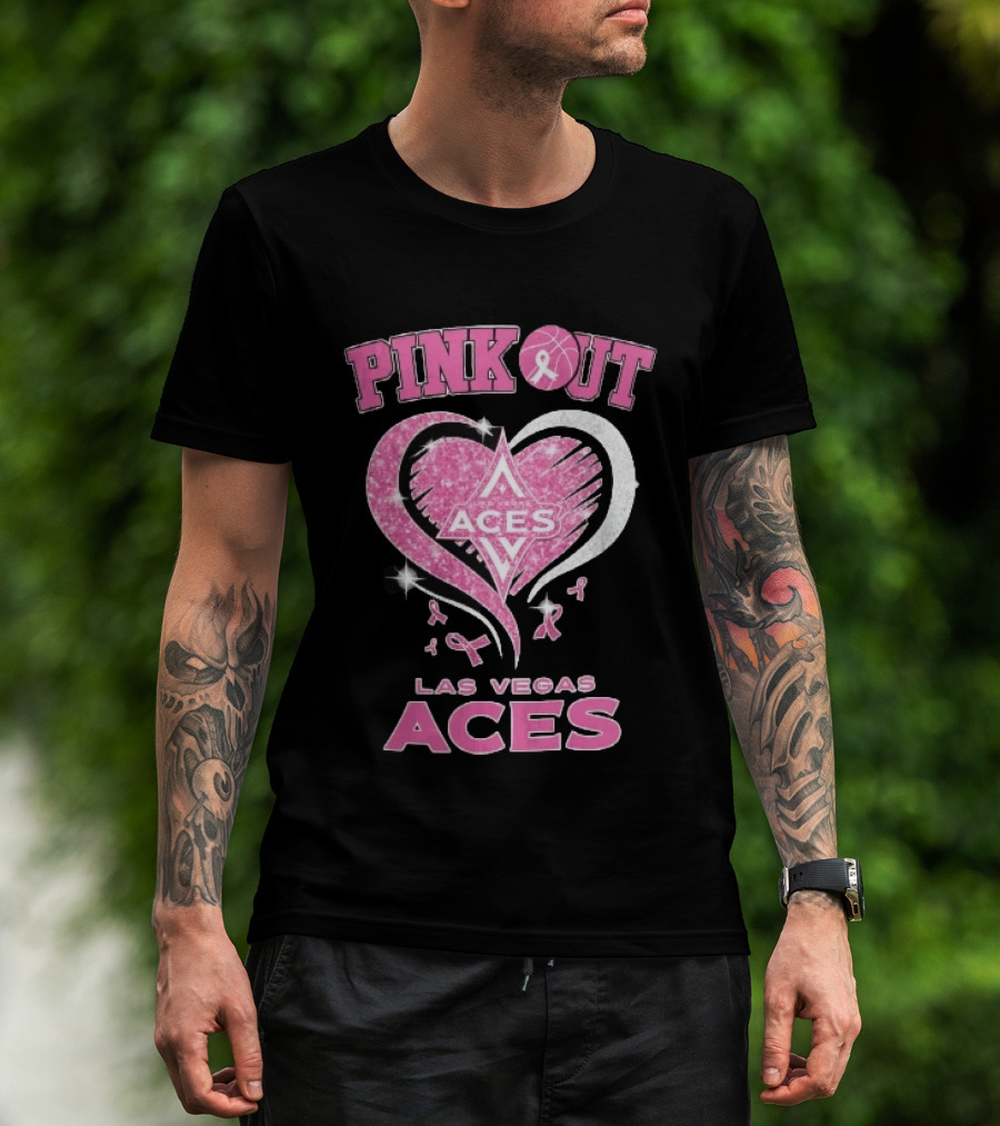 Las Vegas Aces Pink Out Glitter Heart Breast Cancer Awareness Ribbons WNBA T-Shirt
