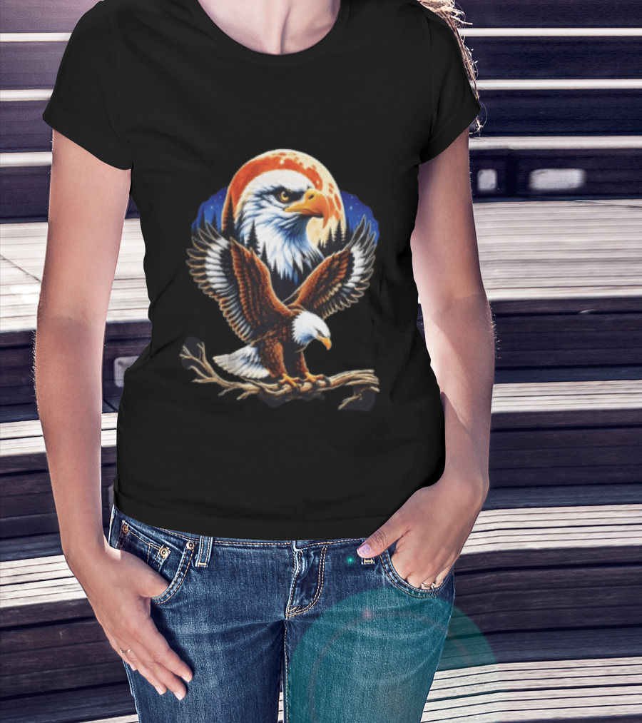 Majestic Bald Eagle With Full Moon And Forest T-Shirt