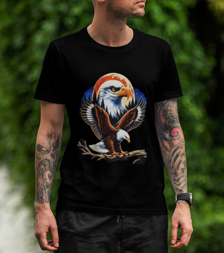 Majestic Bald Eagle With Full Moon And Forest T-Shirt
