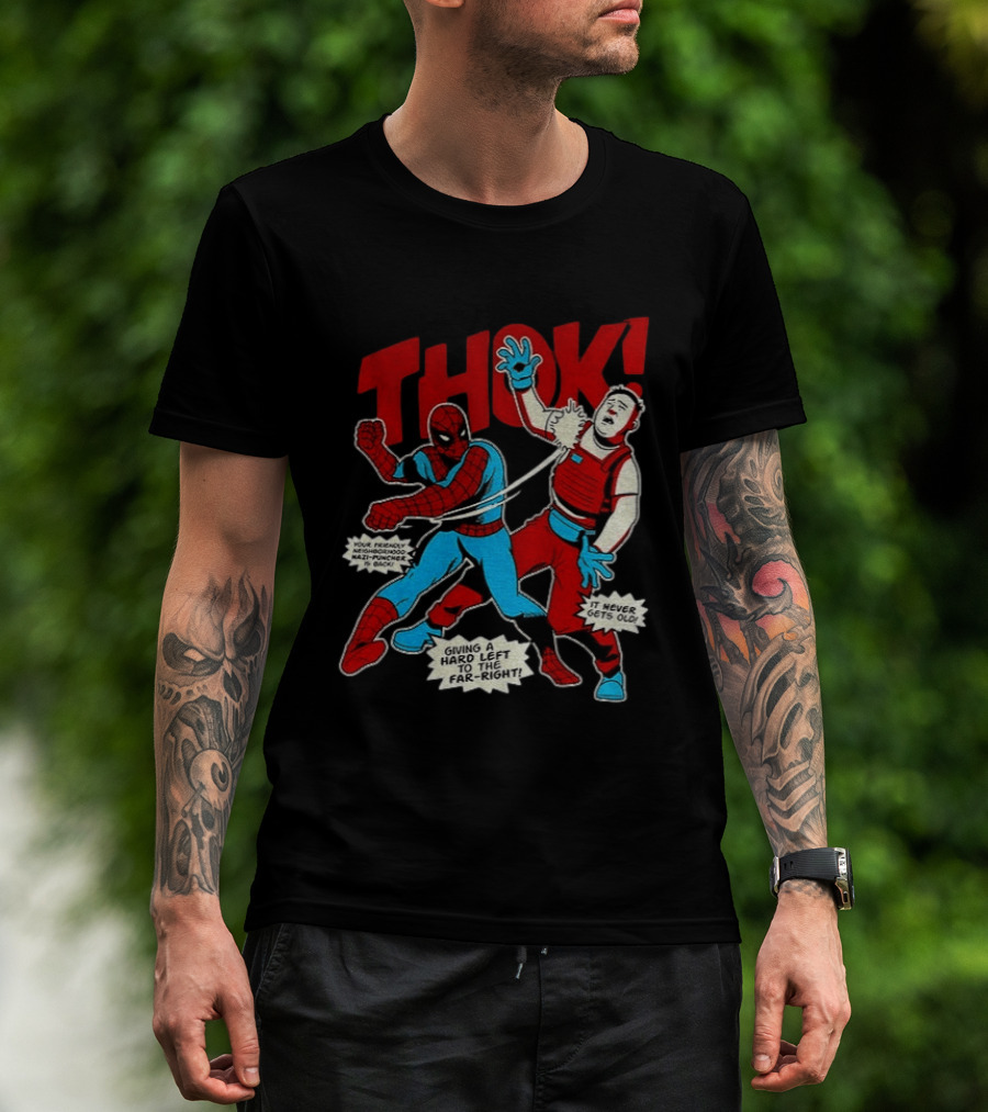 Spider Man Thok Giving A Hard Left To The Far Right Nazi Puncher Comic T-Shirt