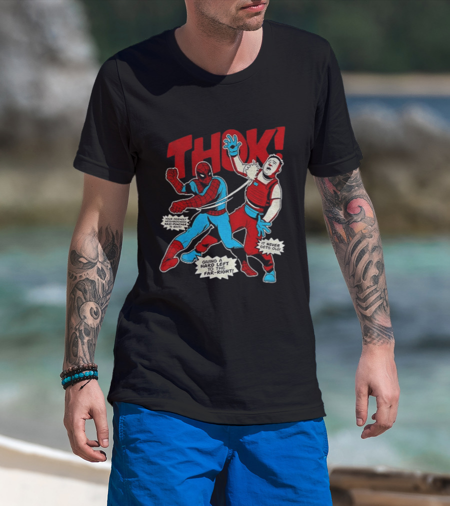 Spider Man Thok Giving A Hard Left To The Far Right Nazi Puncher Comic T-Shirt