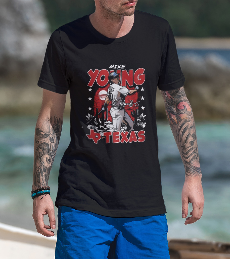 Texas Rangers MLB Mike Young Batting Cactus Red Sunset Stars T-Shirt