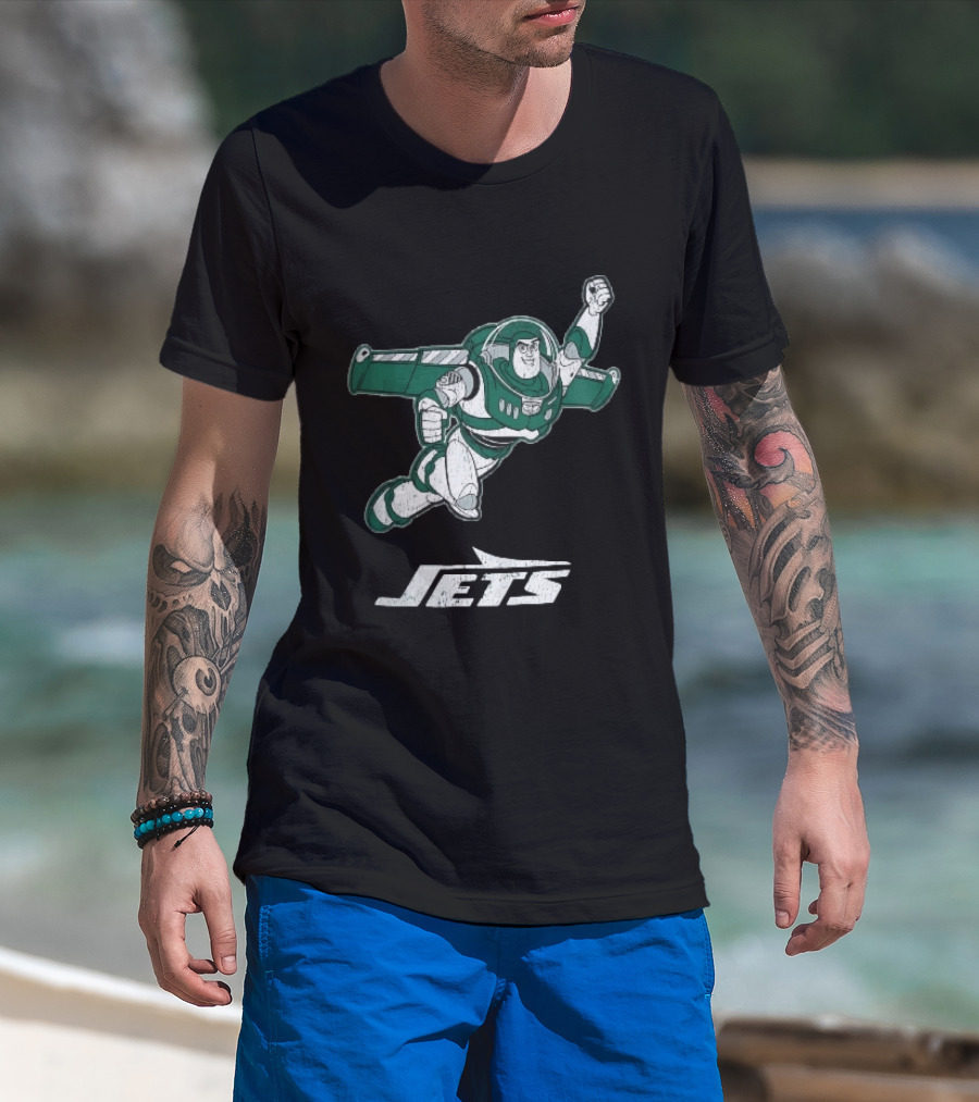Buzz Lightyear Flying New York Jets Distressed Cartoon T-Shirt