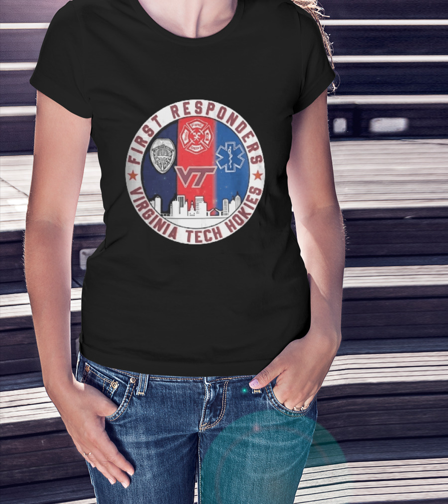 Virginia Tech Hokies First Responders Police Fire Dept EMS Star Skyline T-Shirt