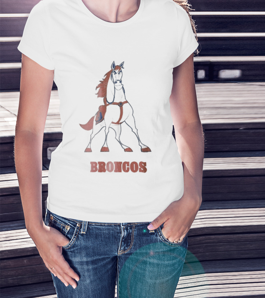 Denver Broncos Cartoon White Horse Orange Mane Harness Broncos T-Shirt