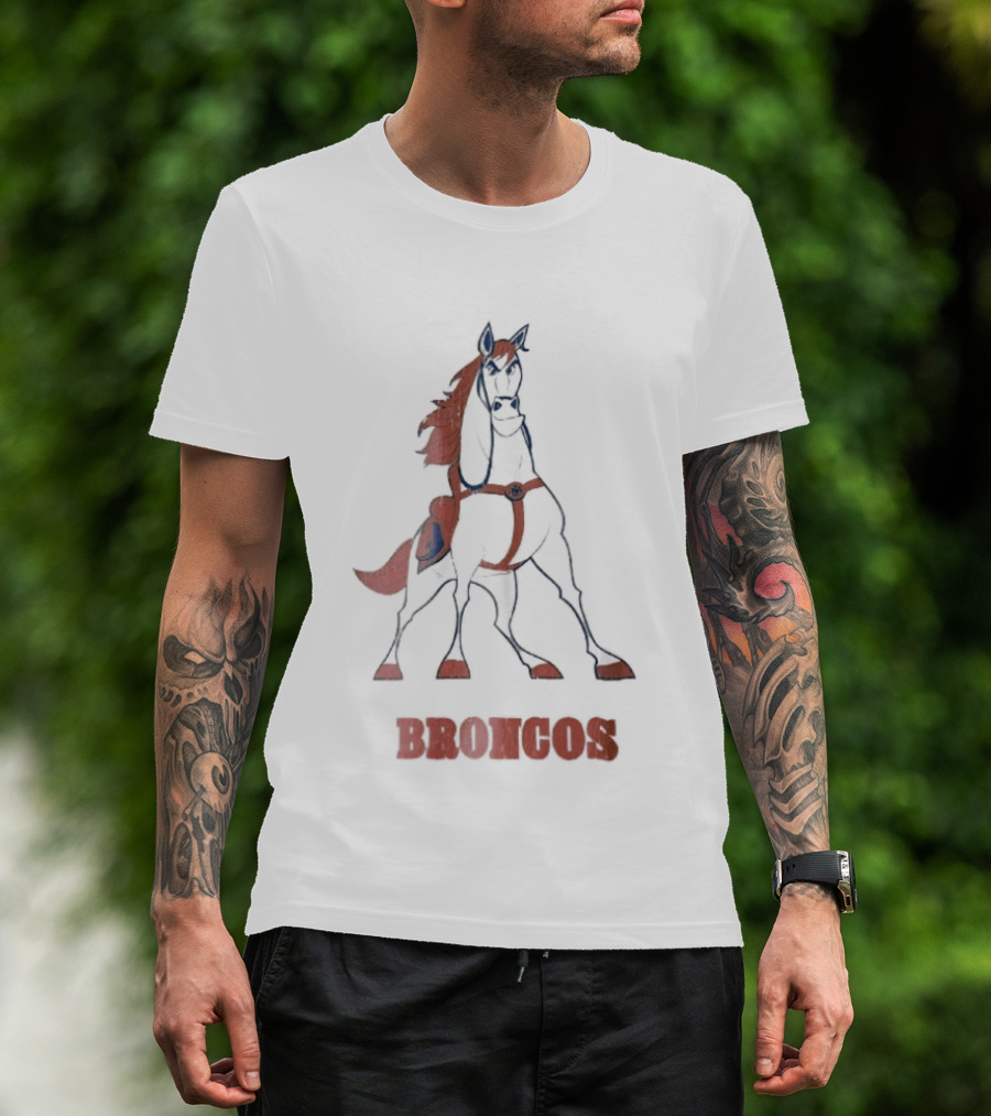 Denver Broncos Cartoon White Horse Orange Mane Harness Broncos T-Shirt