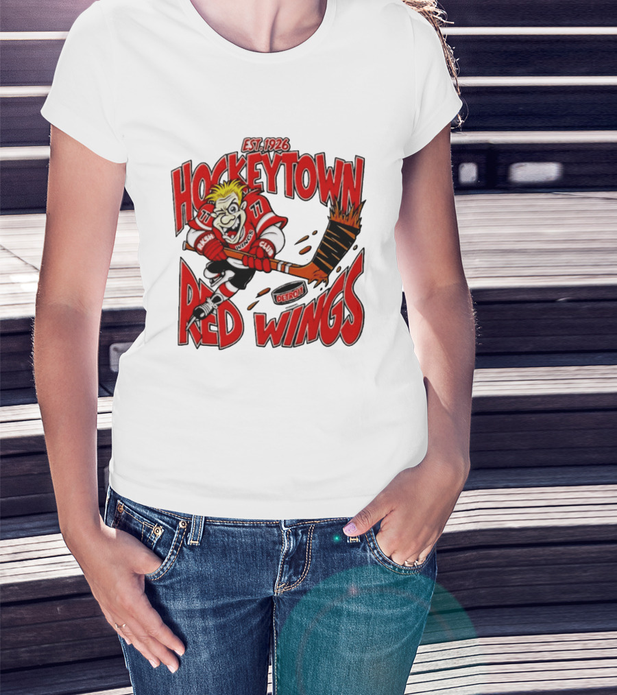 Detroit Red Wings Hockeytown Est. 1926 Vintage Cartoon Player With Flaming Hockey Stick T-Shirt