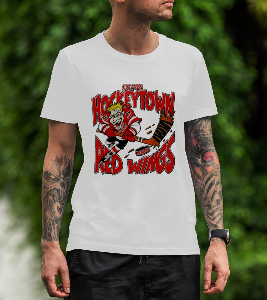 Detroit Red Wings Hockeytown Est. 1926 Vintage Cartoon Player With Flaming Hockey Stick T-Shirt