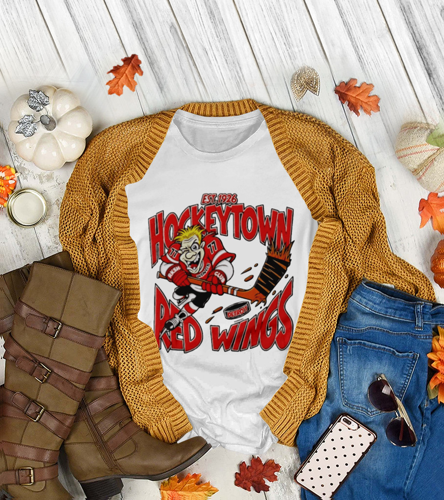 Detroit Red Wings Hockeytown Est. 1926 Vintage Cartoon Player With Flaming Hockey Stick T-Shirt