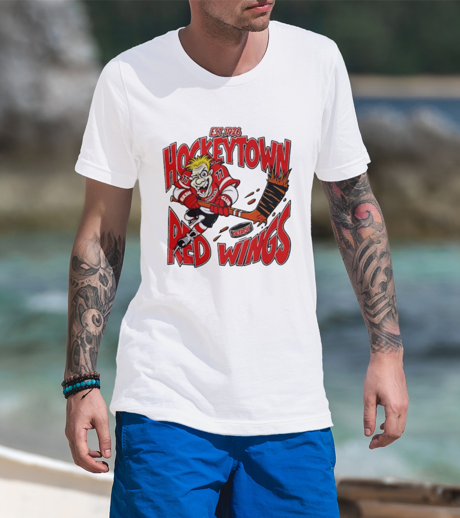 Detroit Red Wings Hockeytown Est. 1926 Vintage Cartoon Player With Flaming Hockey Stick T-Shirt