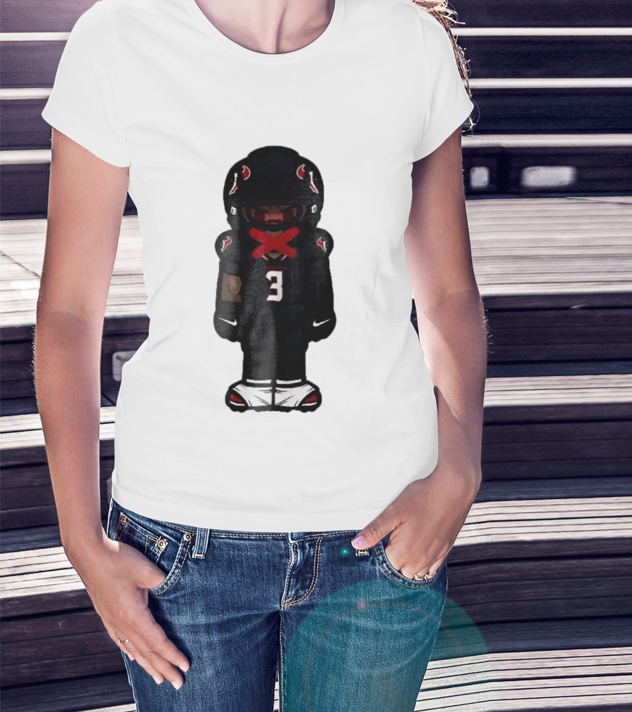 Houston Texans Cartoon Caricature Player Jersey Number 3 Red X Mouth T-Shirt