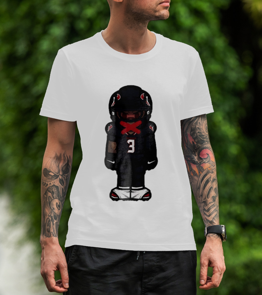 Houston Texans Cartoon Caricature Player Jersey Number 3 Red X Mouth T-Shirt