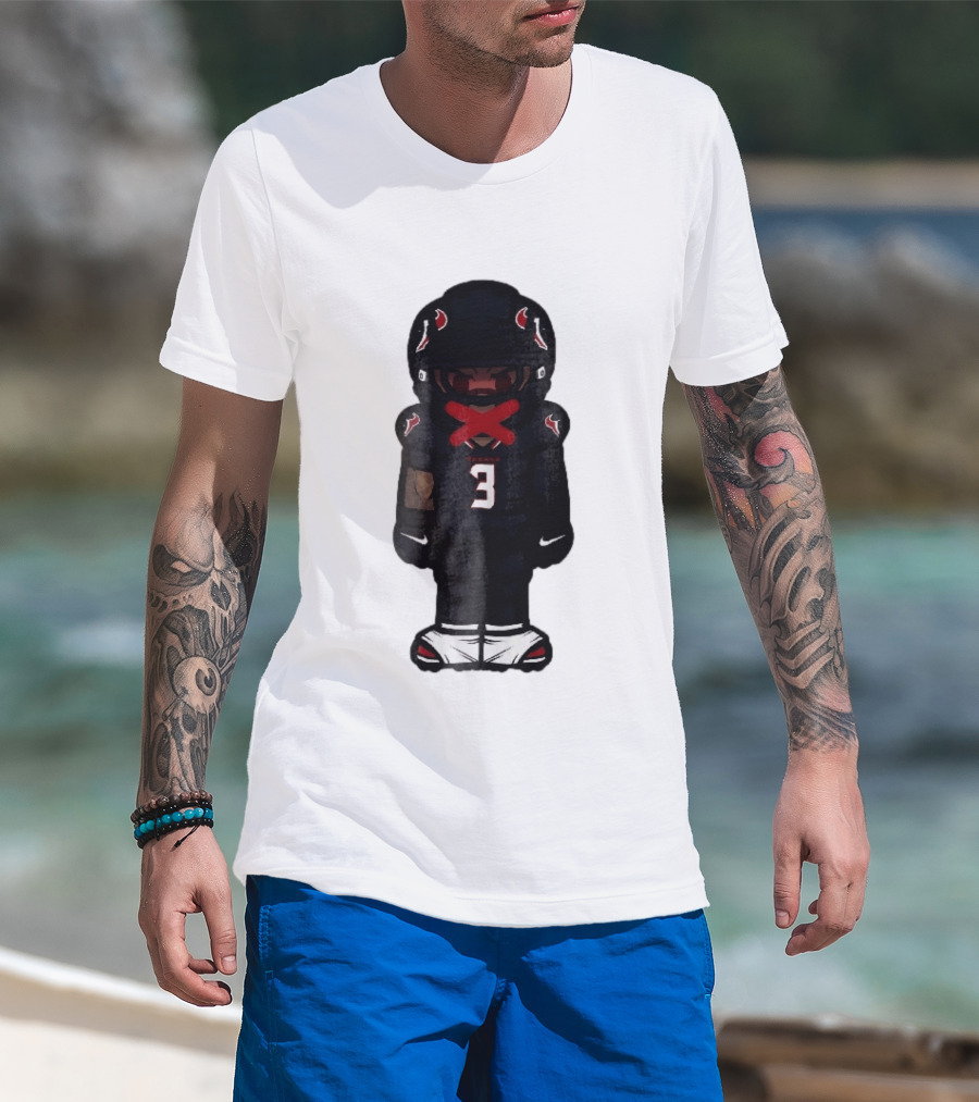Houston Texans Cartoon Caricature Player Jersey Number 3 Red X Mouth T-Shirt