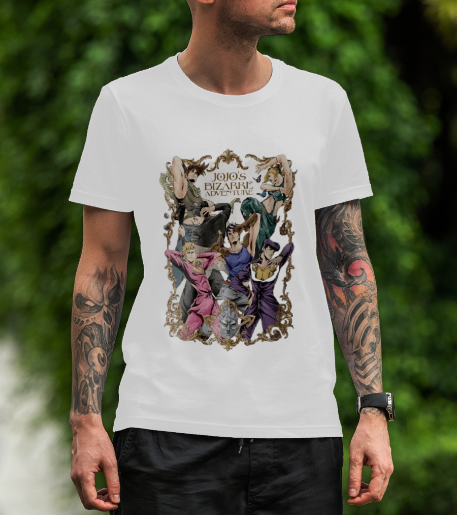 JoJo's Bizarre Adventure Characters Posing In Ornate Gold Frame With Stone Mask T-Shirt