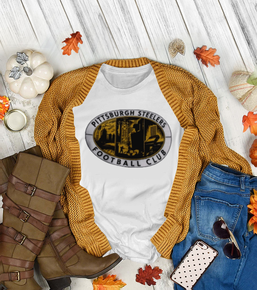 Pittsburgh Steelers Football Club Distressed Oval Emblem Cityscape T-Shirt