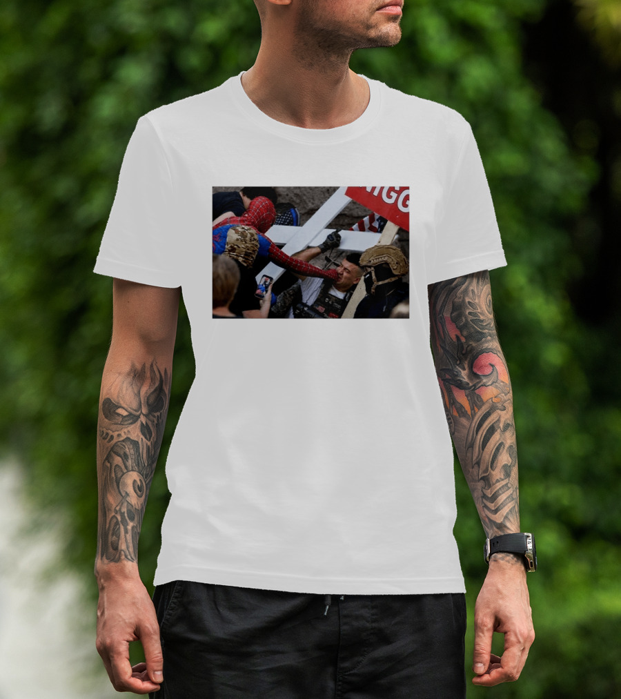 Spiderman Punch A Nazi Protest Scene With Cross And American Flag T-Shirt