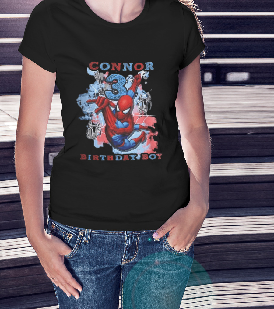 Connor 3 Birthday Boy Spider Man Web Slinging Cartoon T-Shirt